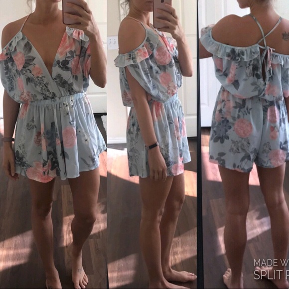 Pants - Blue floral ruffle open back off shoulder romper